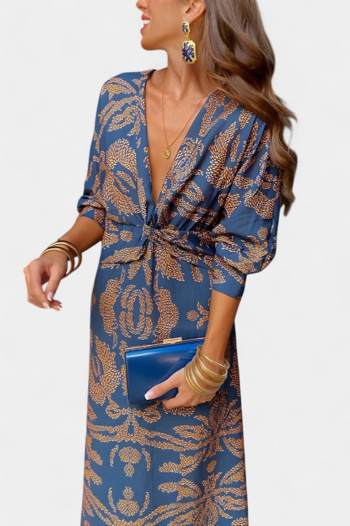 Ema - Maxi Haljina s V Izrezom i Prednjim Čvorom