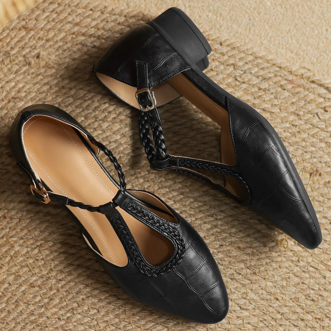 Greta | Klasične kožne T-strap cipele s pletenim detaljem