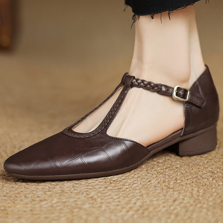 Greta | Klasične kožne T-strap cipele s pletenim detaljem