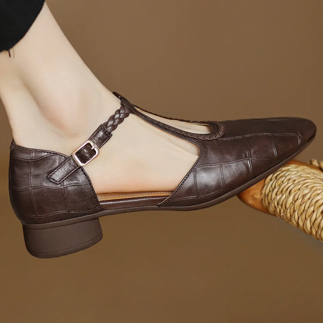 Greta | Klasične kožne T-strap cipele s pletenim detaljem