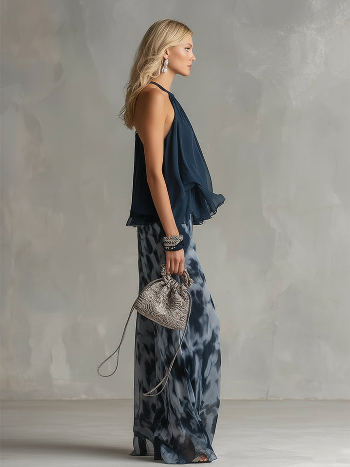 Ludovica - elegantna u chiffon s topom s visokim ovratnikom i širokim hlačama s uzorkom