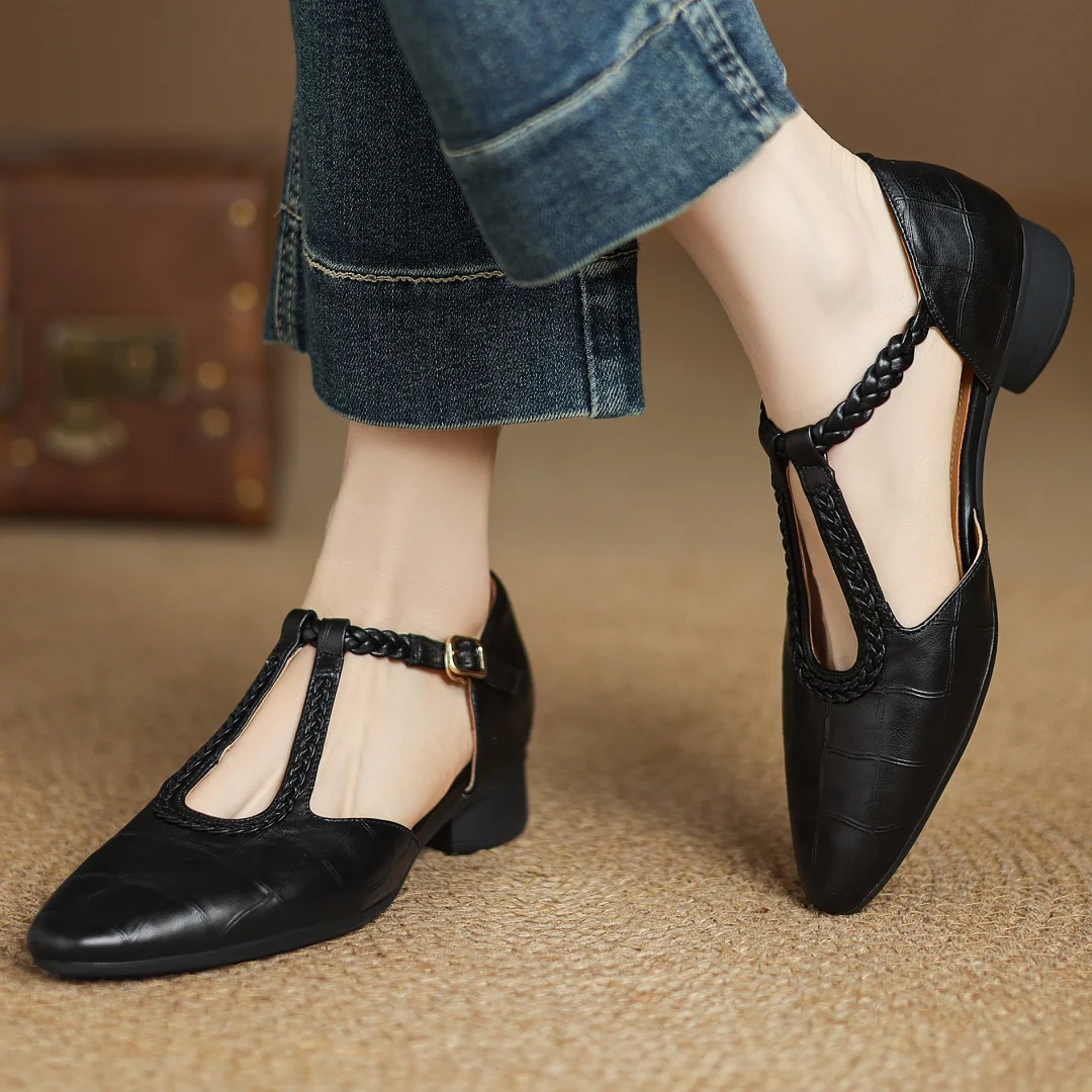 Greta | Klasične kožne T-strap cipele s pletenim detaljem