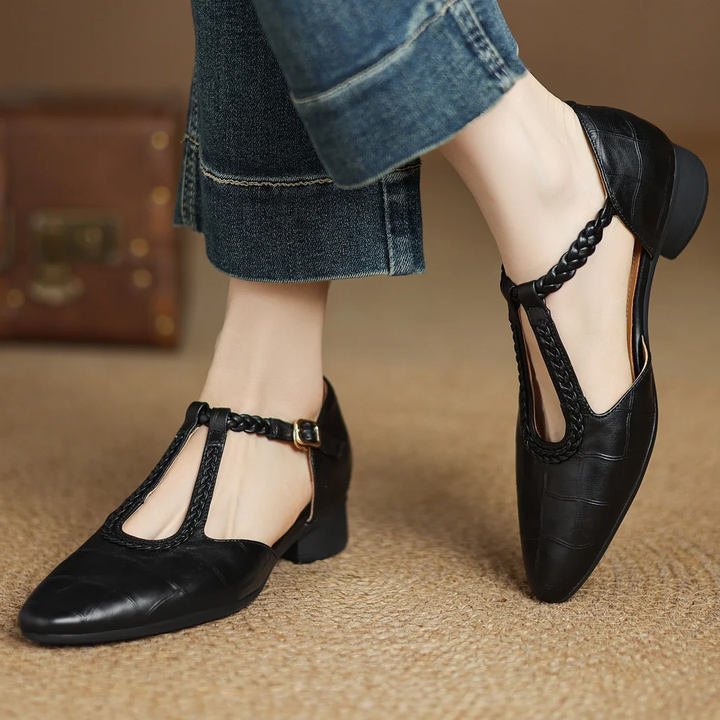 Greta | Klasične kožne T-strap cipele s pletenim detaljem