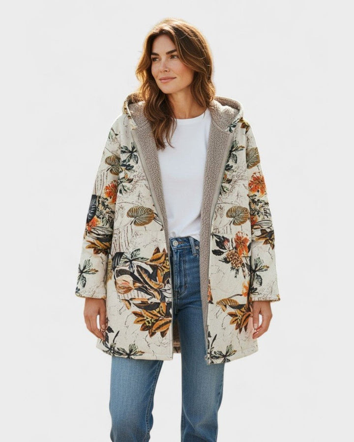 Elena | Boho sherpa kaput s kapuljačom i cvjetnim uzorkom