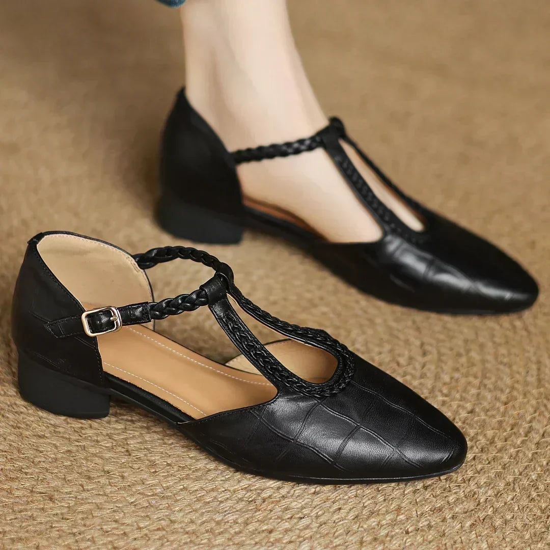 Greta | Klasične kožne T-strap cipele s pletenim detaljem