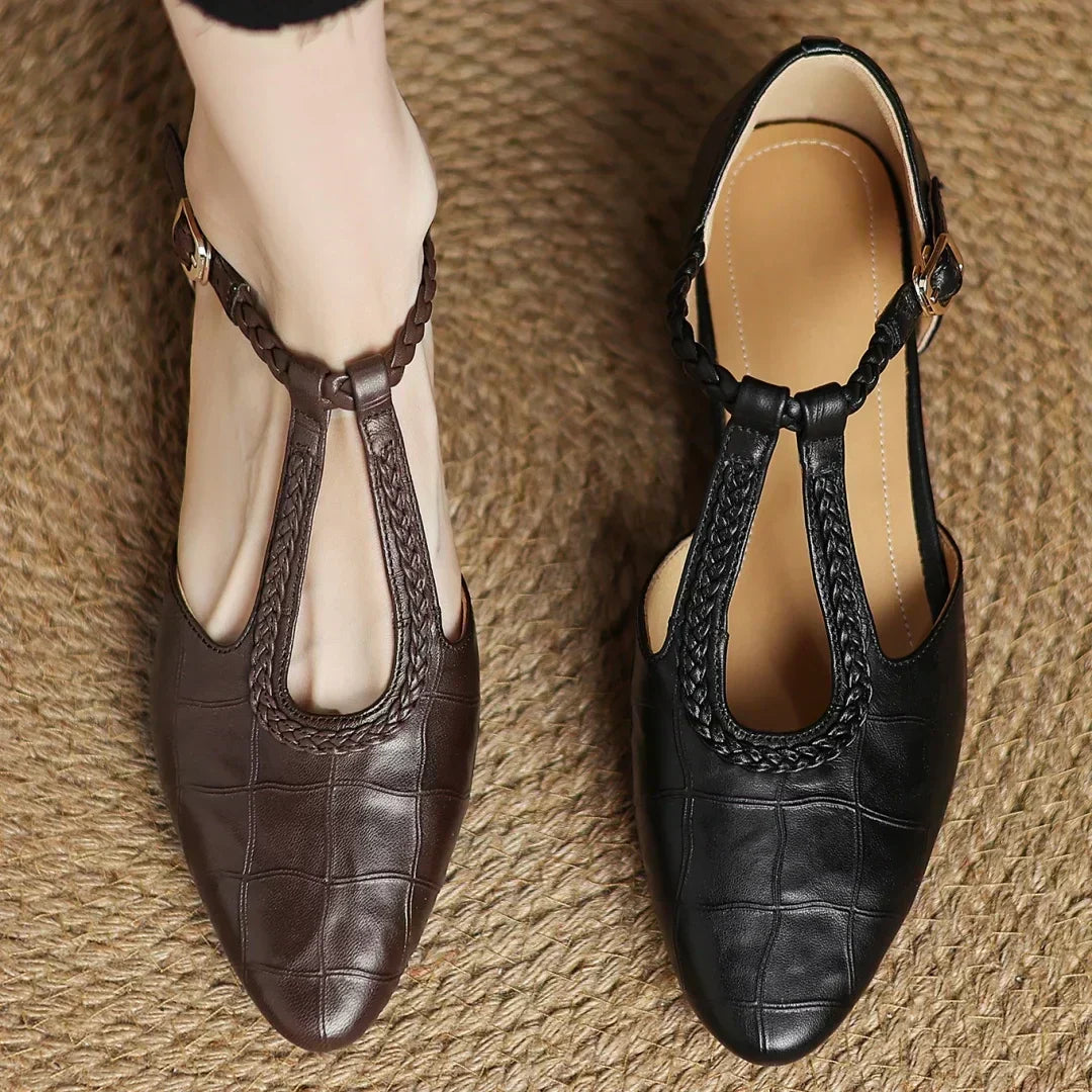 Greta | Klasične kožne T-strap cipele s pletenim detaljem