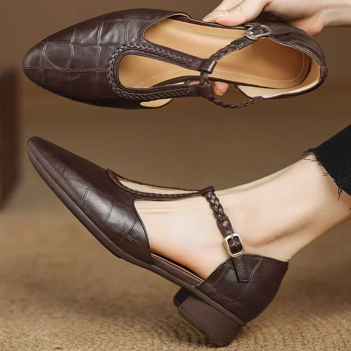 Greta | Klasične kožne T-strap cipele s pletenim detaljem