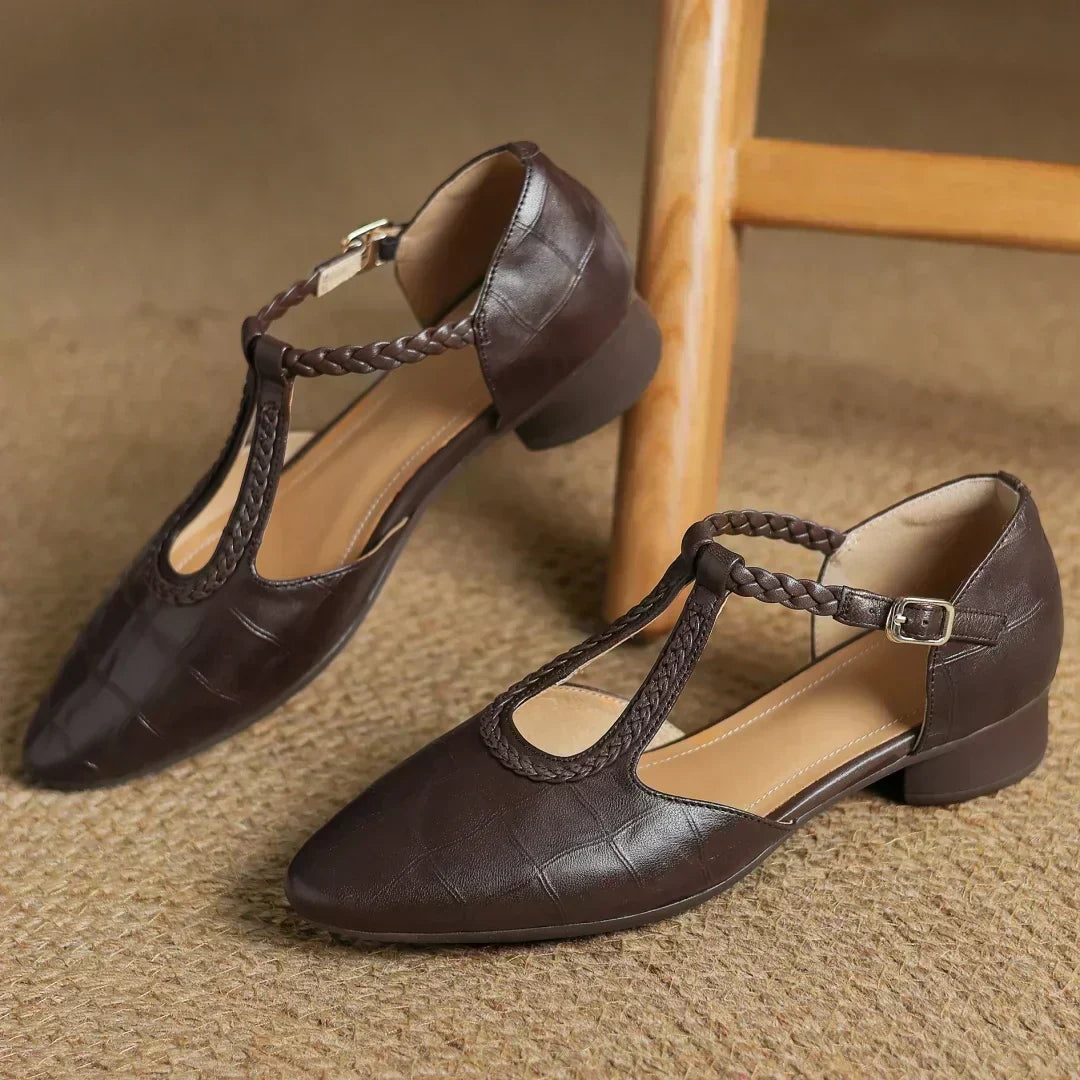 Greta | Klasične kožne T-strap cipele s pletenim detaljem