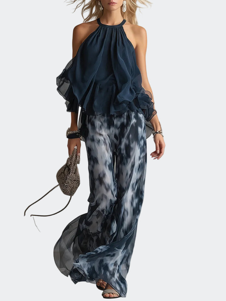 Ludovica - elegantna u chiffon s topom s visokim ovratnikom i širokim hlačama s uzorkom