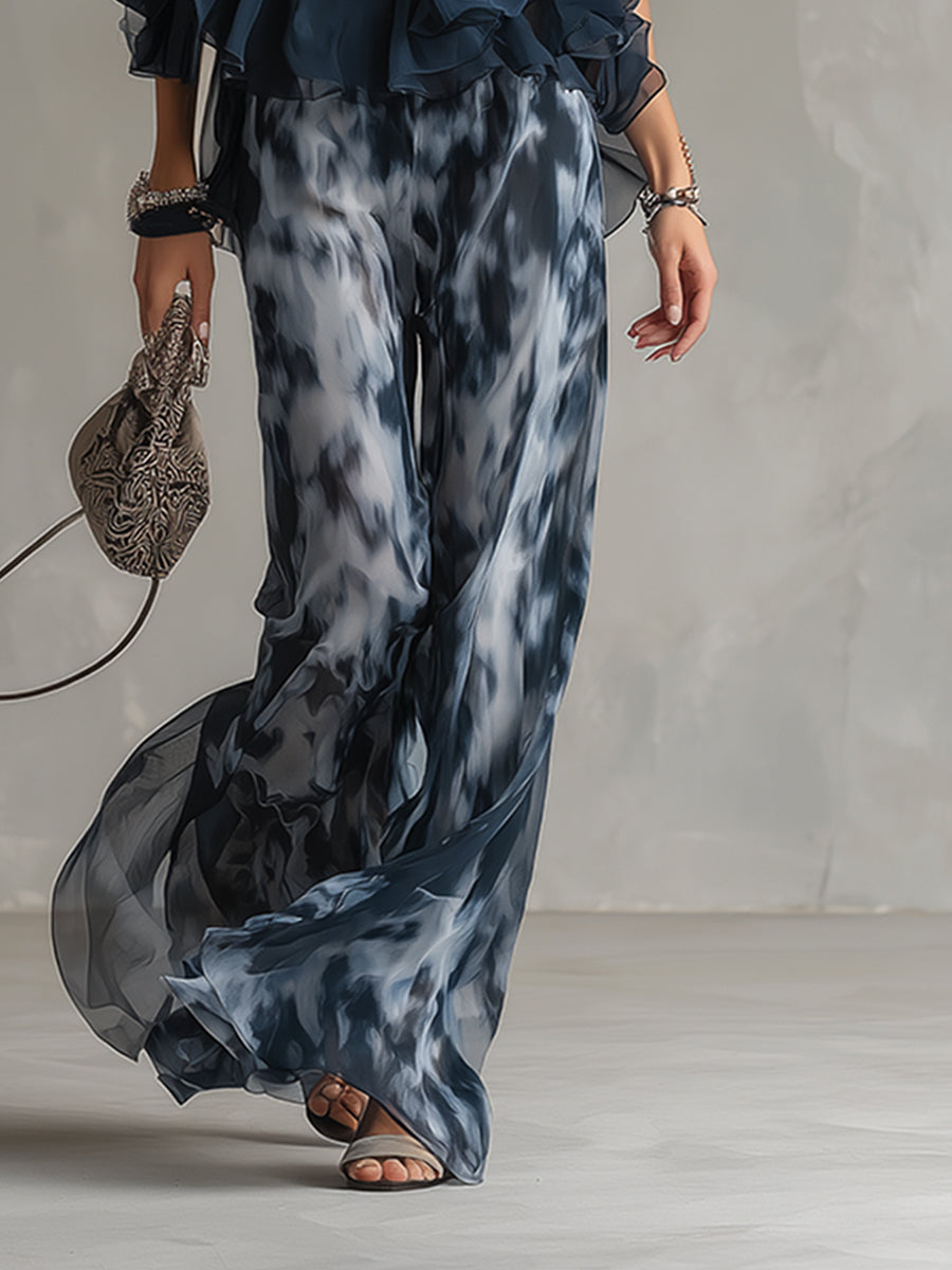 Ludovica - elegantna u chiffon s topom s visokim ovratnikom i širokim hlačama s uzorkom