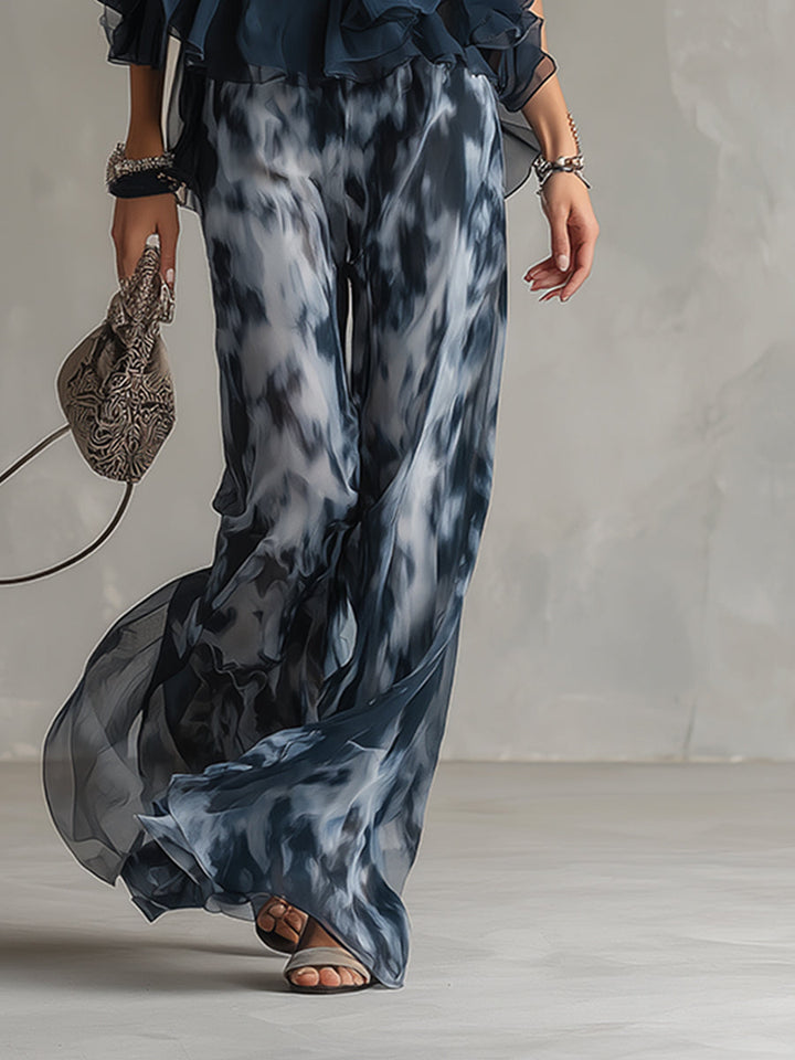 Ludovica - elegantna u chiffon s topom s visokim ovratnikom i širokim hlačama s uzorkom